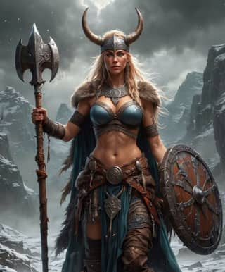 Mızrak ve kalkanla bir Viking kadını.
