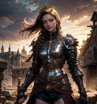 Una donna in armatura sta davanti a un castello.