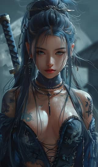 Una donna con i capelli blu e i tatuaggi.