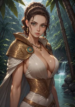 Una donna in un vestito d'oro si trova di fronte a una cascata.