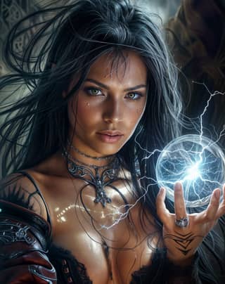 Una donna con lunghi capelli neri tiene una sfera magica.