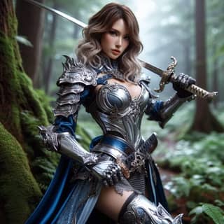in armor holding a sword in the woods