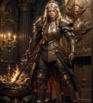 in armor standing in front of a fireplace