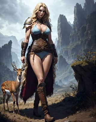 in armor standing next to a deer