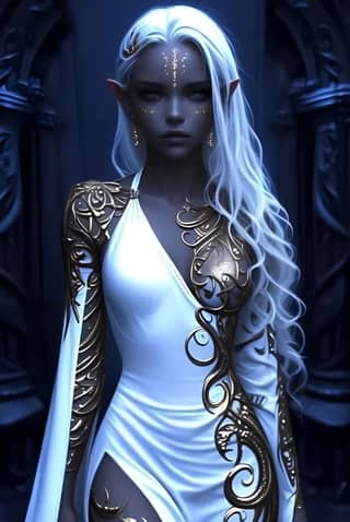 elf woman in white and gold dress