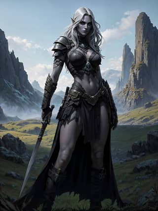 a female elf with a sword in the mountains