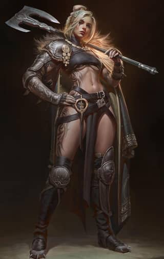 a female warrior with a sword and shield