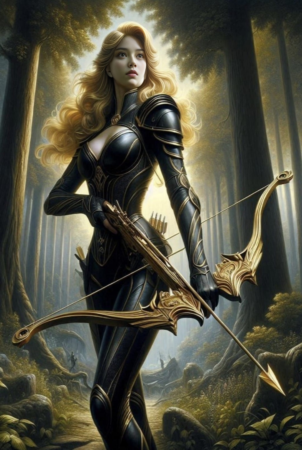 in a forest with a bow and arrow