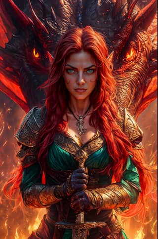 with red hair and a sword in front of a dragon