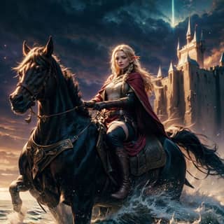 riding a horse in front of a castle