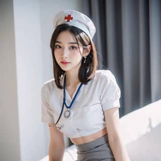 a sexy nurse in a white uniform sitting on a bed