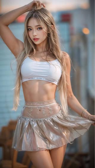 in a white top and skirt