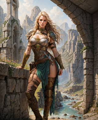 woman in armor standing in front of a stone arch
