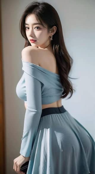 Una donna indossa un vestito blu.