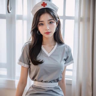 young asian nurse in a grey dress