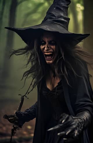 a witch in a black hat and black clothes holding a knife