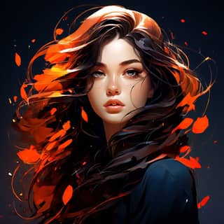 woman with long hair and leaves falling