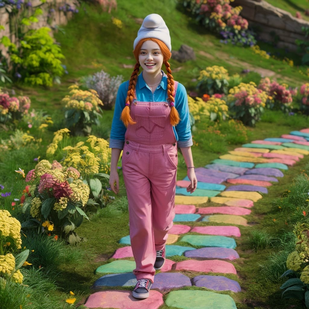 a girl in pink overalls walking down a path with colorful flowers