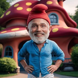 in a red hat stands in front of a mushroom house