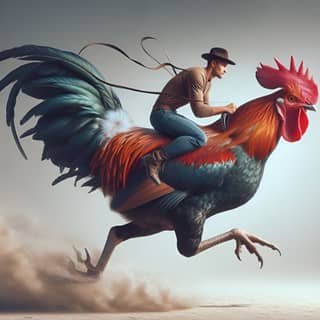 riding a rooster in a desert