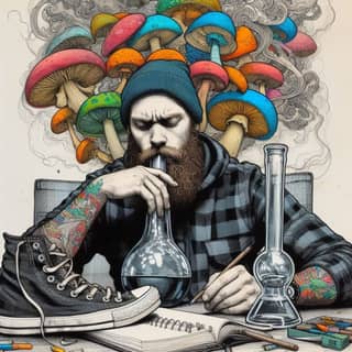 with a beard and tattoos sitting at a table with a pipe and a book