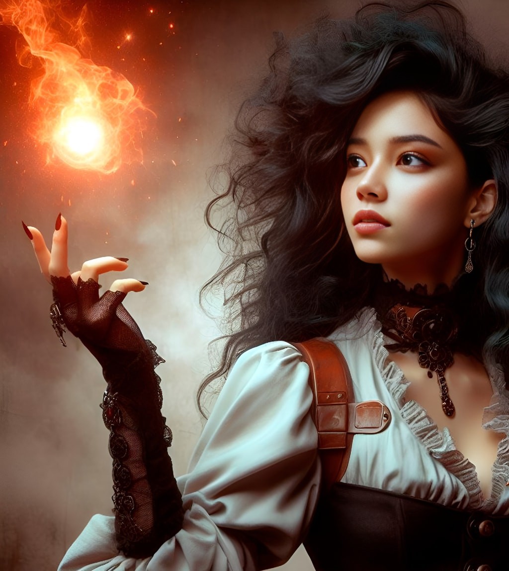 with long black hair and a black dress holding a glowing orb
