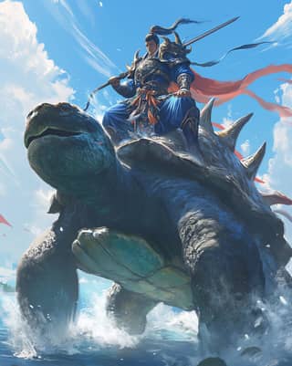 riding on top of a turtle with a sword