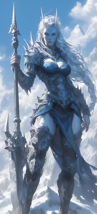a female warrior with a sword standing in the snow