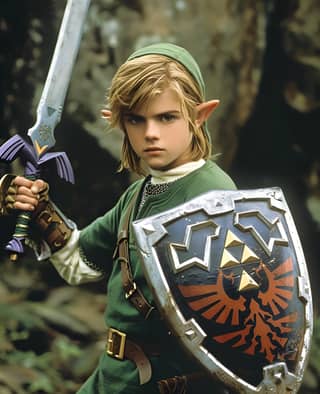 link is holding a sword and shield