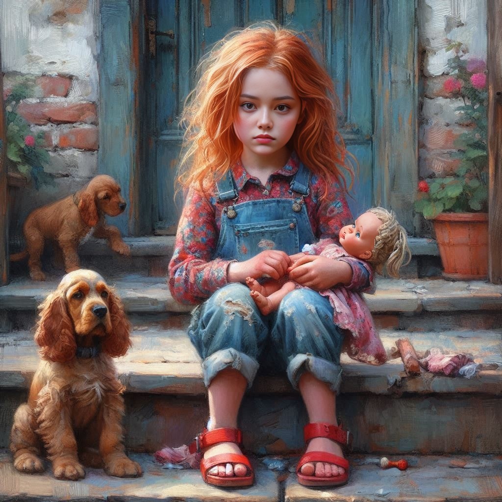 a little girl with her dog and dolls