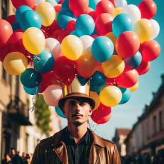 Indossando una corona e tenendo un mazzo di palloncini.