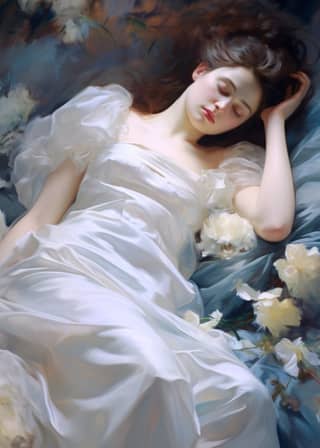 in white dress laying down