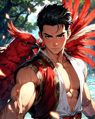 anime boy with red bird on his shoulder