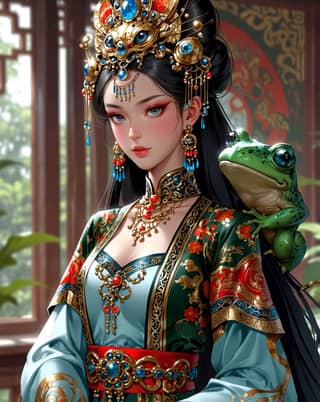 anime girl in chinese dress holding a frog