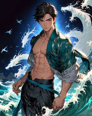 anime male model with blue shirt and black pants