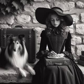 in a black hat sits next to a dog