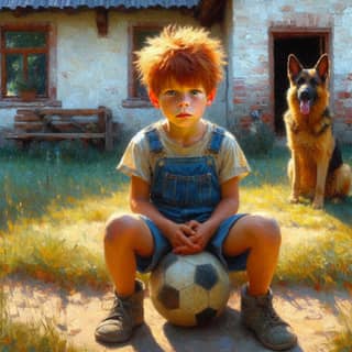 a boy sitting on a soccer ball with a dog