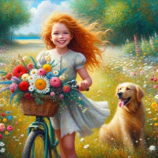 a girl with a basket of flowers and a dog