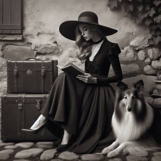 in a hat and a dress sits next to a dog