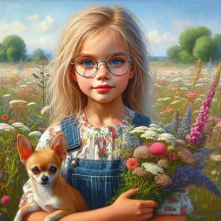 a little girl with glasses holding a dog