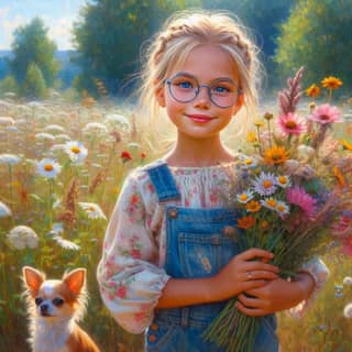 a little girl holding flowers and a dog