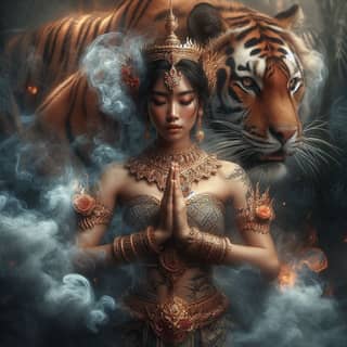 woman in thai clothing with a tiger