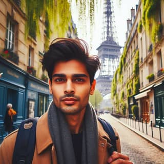 Una persona con uno zaino e una sciarpa è di fronte alla Torre Eiffel.