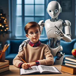 boy is writing an essay with a robot