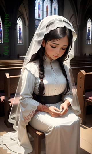 a girl in a white dress kneeling down in a church