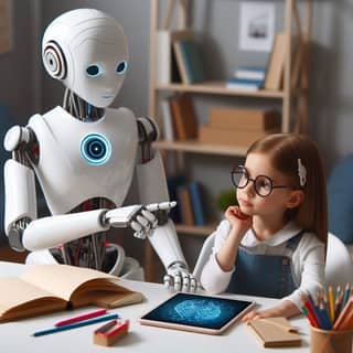 a little girl is sitting at a table with an android robot