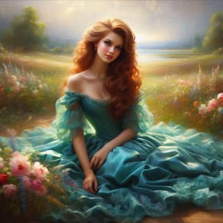 woman in a green dress sitting in the grass