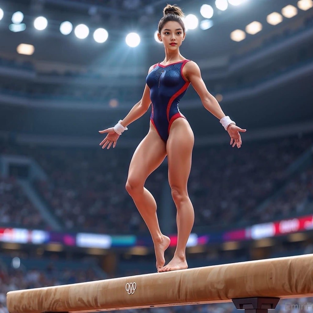 a female gymnast on the balance beam