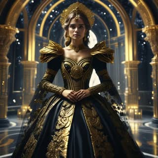 in a gold and black dress