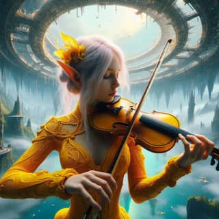 in a yellow dress plays a violin